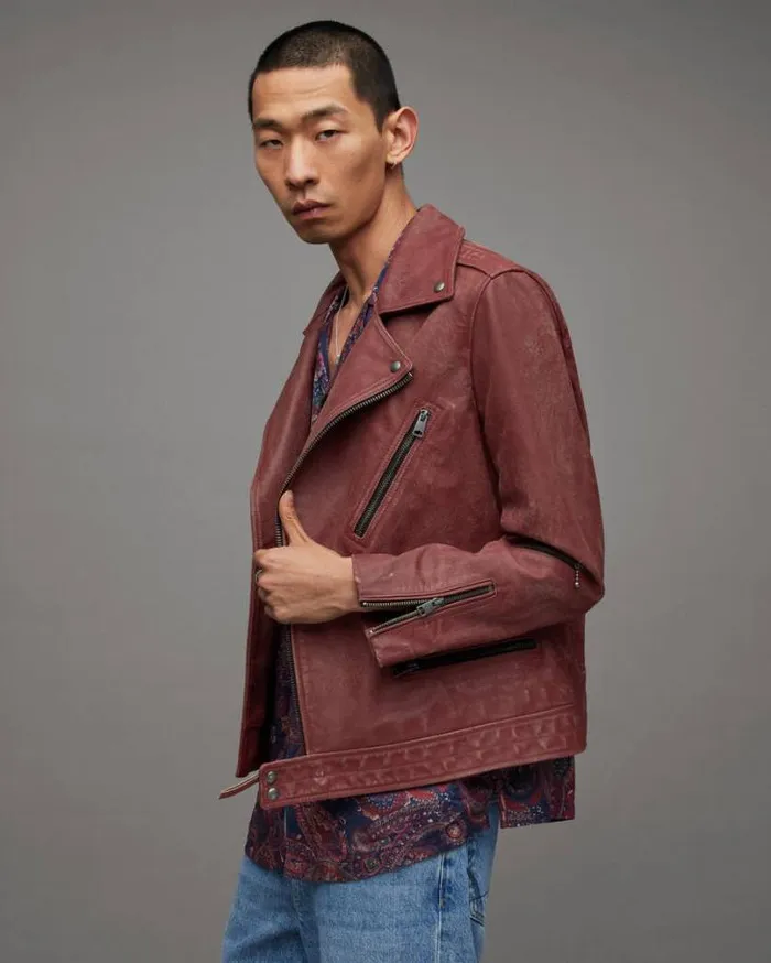 Burman Slim Cropped Leather Biker Jacket Rust Men AllSaints Leather Jackets