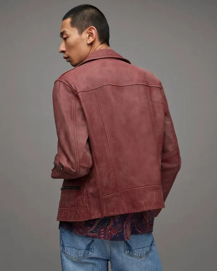 Burman Slim Cropped Leather Biker Jacket Rust Men AllSaints Leather Jackets