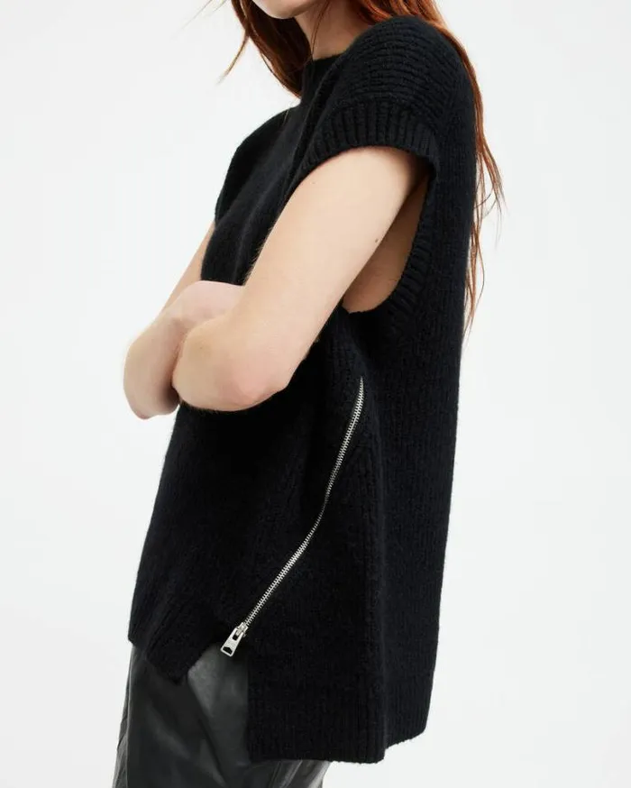 Castel Asymmetric Zip Tank Top Black Women AllSaints TShirts