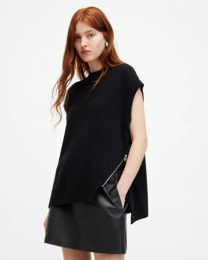 Castel Asymmetric Zip Tank Top Black Women AllSaints TShirts