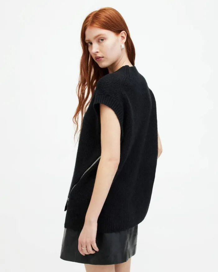 Castel Asymmetric Zip Tank Top Black Women AllSaints TShirts