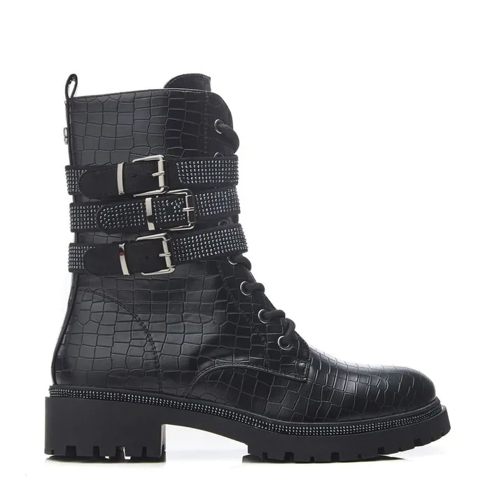 Chunky Boots Women Moda In Pelle Cyrus Black Croc Croc Print Porvair