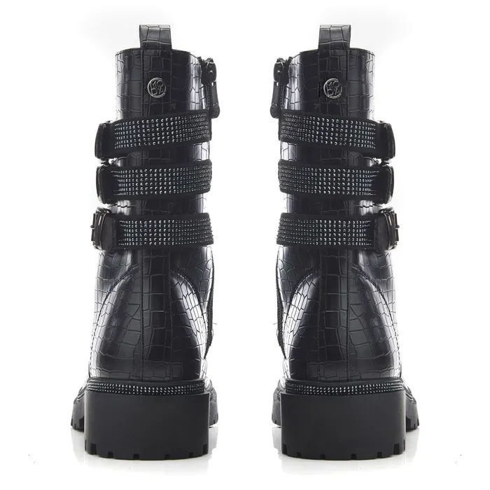 Chunky Boots Women Moda In Pelle Cyrus Black Croc Croc Print Porvair