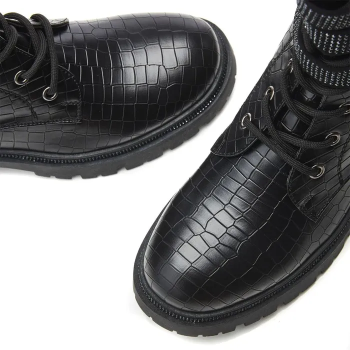 Chunky Boots Women Moda In Pelle Cyrus Black Croc Croc Print Porvair