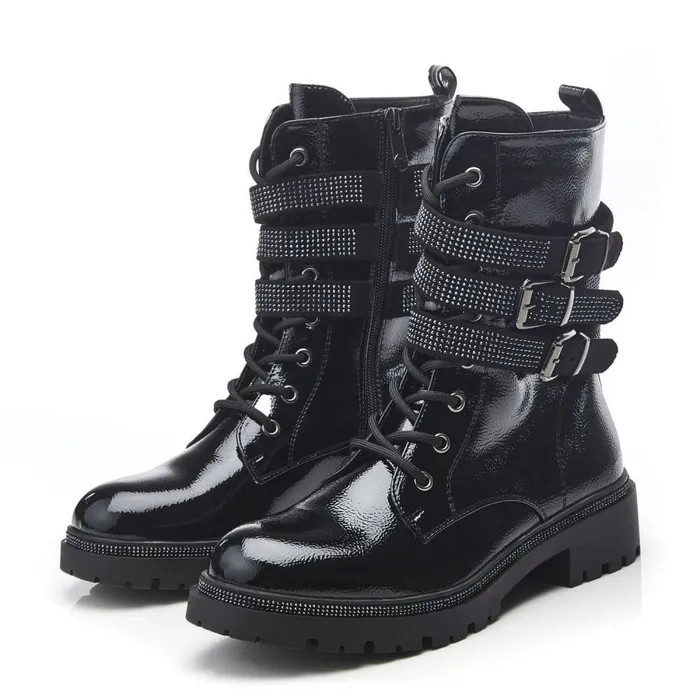 Chunky Boots Women Moda In Pelle Cyrus Black Patent