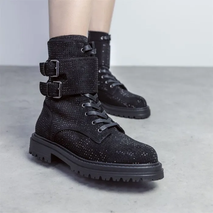 Chunky Boots Women Moda In Pelle Zori Black Textile