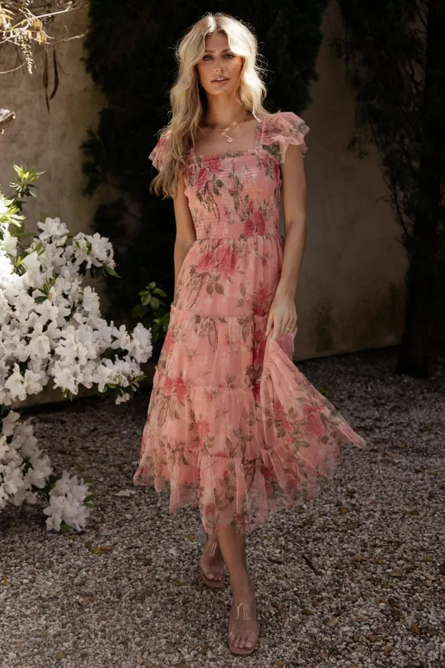 Clementine Tulle Midi Dress Pink Rose Floral Women Baltic Born Bump Friendly