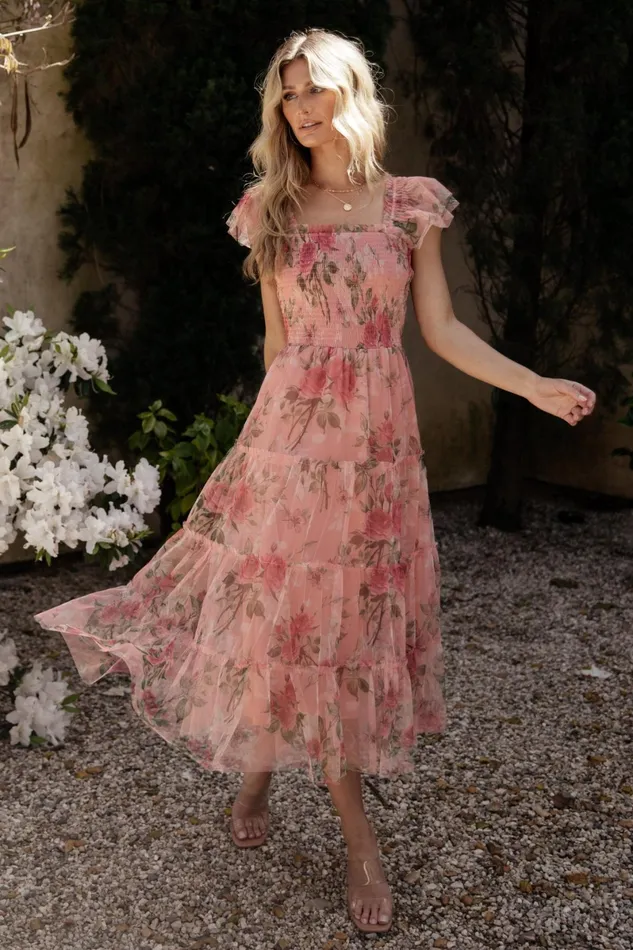 Clementine Tulle Midi Dress Pink Rose Floral Women Baltic Born Bump Friendly Clementine Tulle Midi Dress Pink Rose Floral Women Baltic Born Bump Friendly
