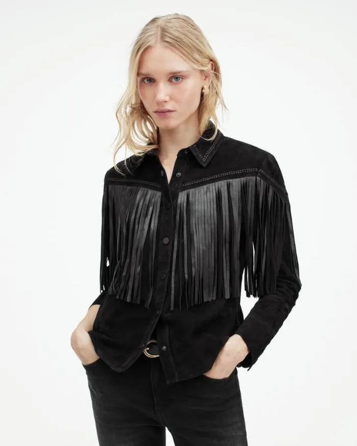 Cleo Western Suede Jacket Black Women AllSaints Leather Jackets