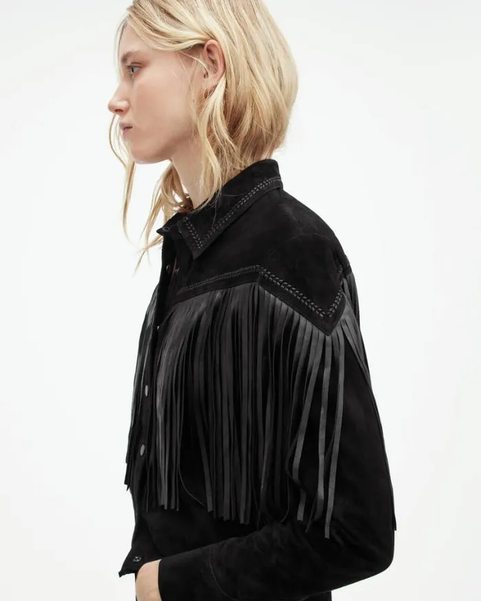 Cleo Western Suede Jacket Black Women AllSaints Leather Jackets