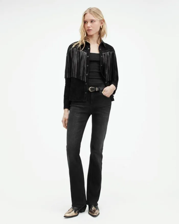 Cleo Western Suede Jacket Black Women AllSaints Leather Jackets