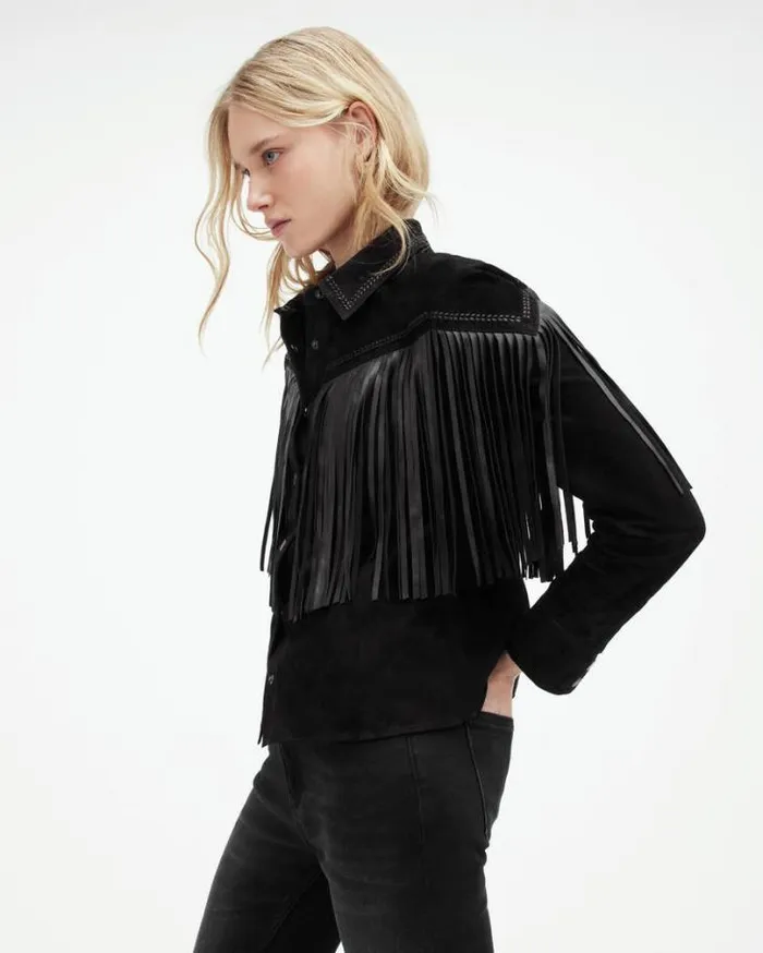 Cleo Western Suede Jacket Black Women AllSaints Leather Jackets