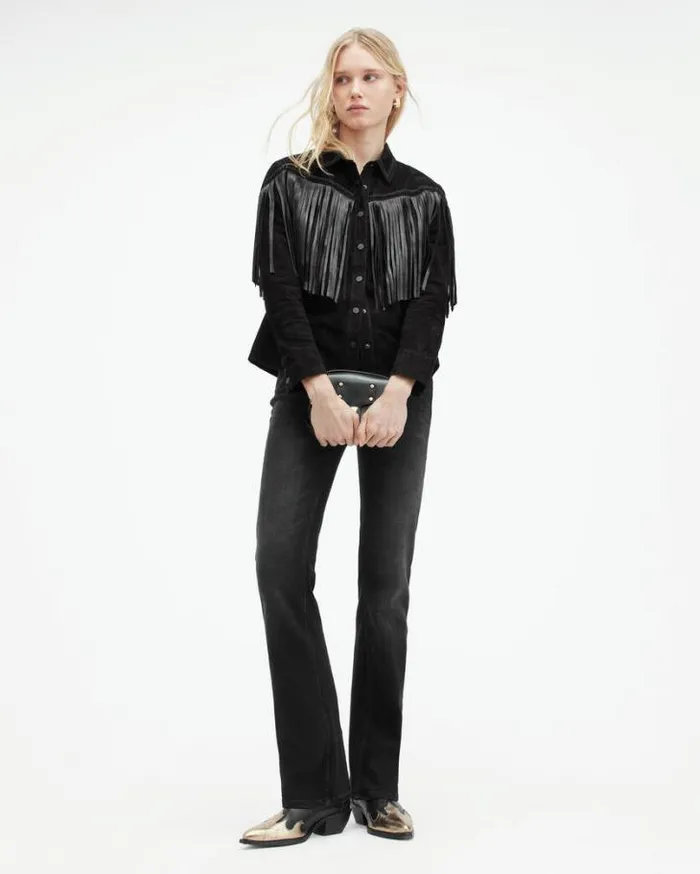 Cleo Western Suede Jacket Black Women AllSaints Leather Jackets