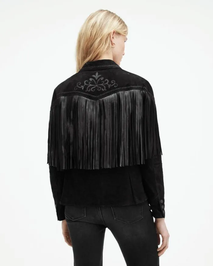 Cleo Western Suede Jacket Black Women AllSaints Leather Jackets