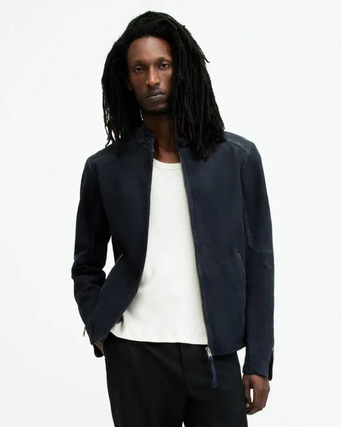 Cora Leather Snap Back Collar Jacket Mcway Blue Men AllSaints Jackets and Coats