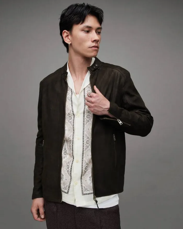 Cora Suede Snap Back Collar Jacket Anthracite Grey Men AllSaints Leather Jackets