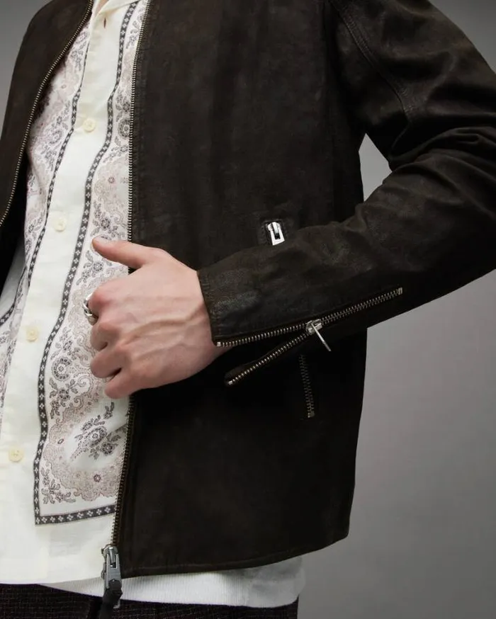 Cora Suede Snap Back Collar Jacket Anthracite Grey Men AllSaints Leather Jackets Cora Suede Snap Back Collar Jacket Anthracite Grey Men AllSaints Leather Jackets