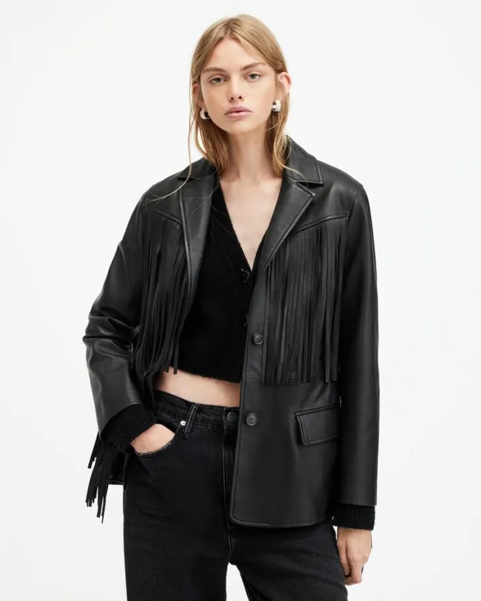 Corinna Tassel Leather Blazer Black Women AllSaints Leather Jackets