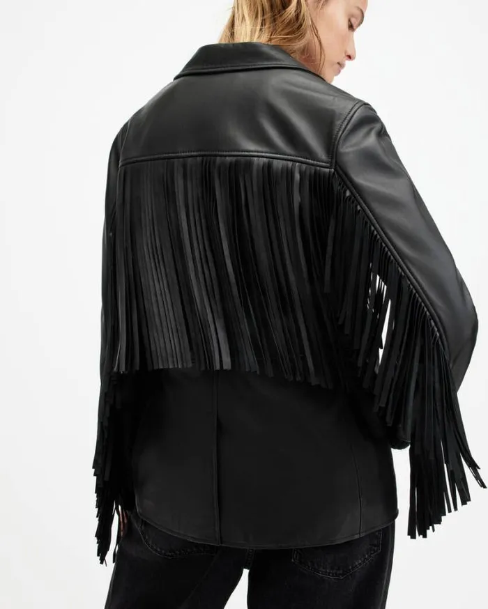 Corinna Tassel Leather Blazer Black Women AllSaints Leather Jackets