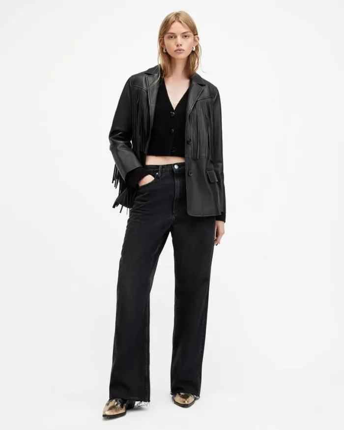 Corinna Tassel Leather Blazer Black Women AllSaints Leather Jackets