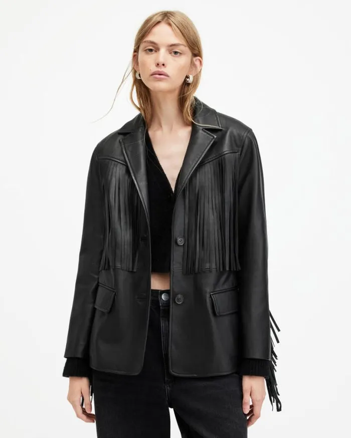 Corinna Tassel Leather Blazer Black Women AllSaints Leather Jackets