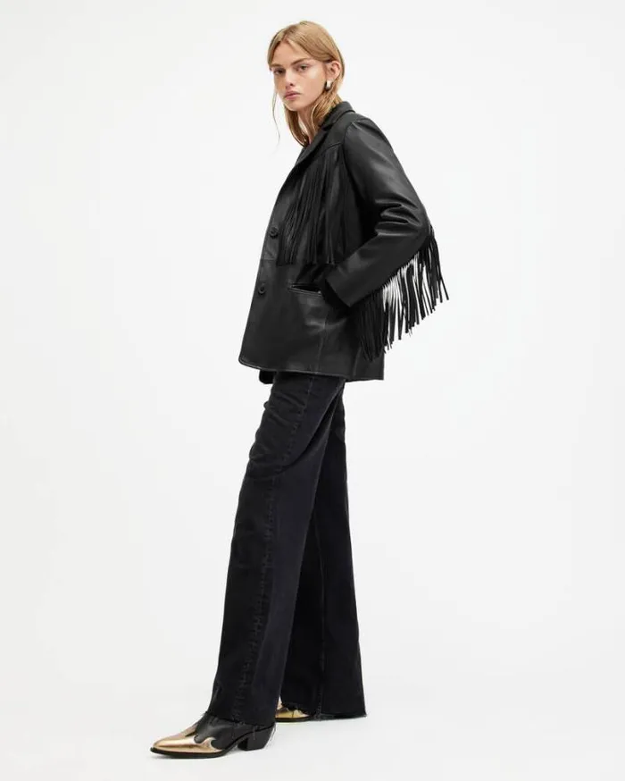Corinna Tassel Leather Blazer Black Women AllSaints Leather Jackets