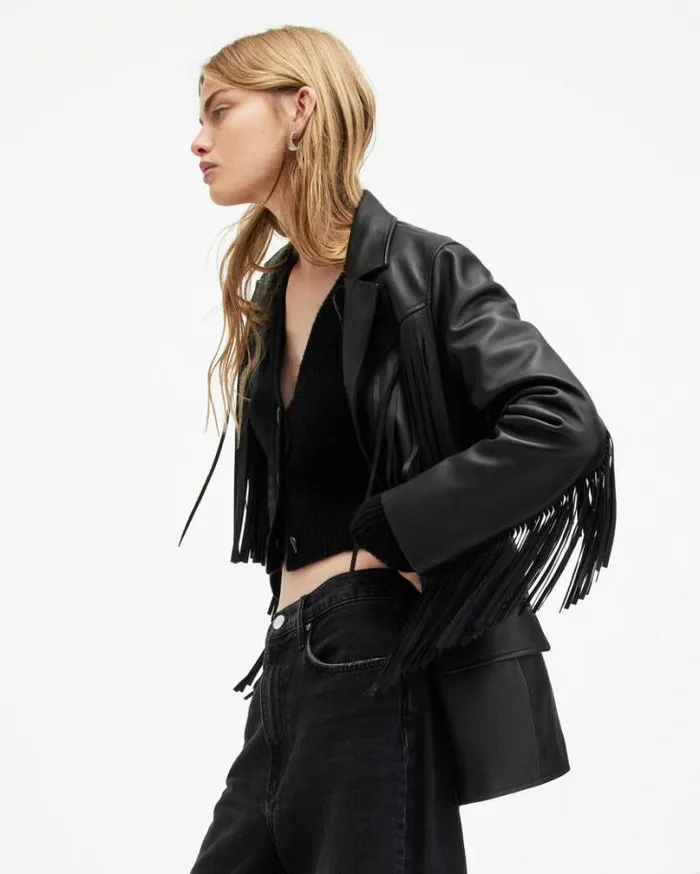 Corinna Tassel Leather Blazer Black Women AllSaints Leather Jackets