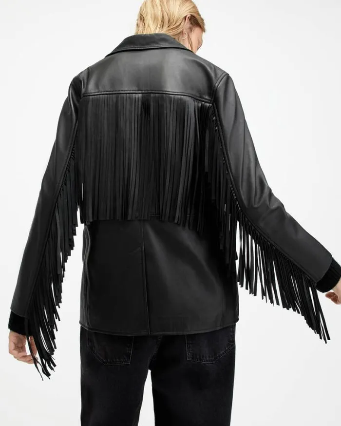 Corinna Tassel Leather Blazer Black Women AllSaints Leather Jackets