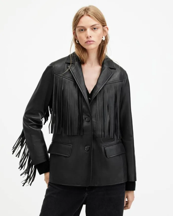 Corinna Tassel Leather Blazer Black Women AllSaints Leather Jackets