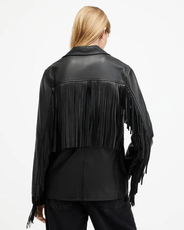 Corinna Tassel Leather Blazer Black Women AllSaints Leather Jackets