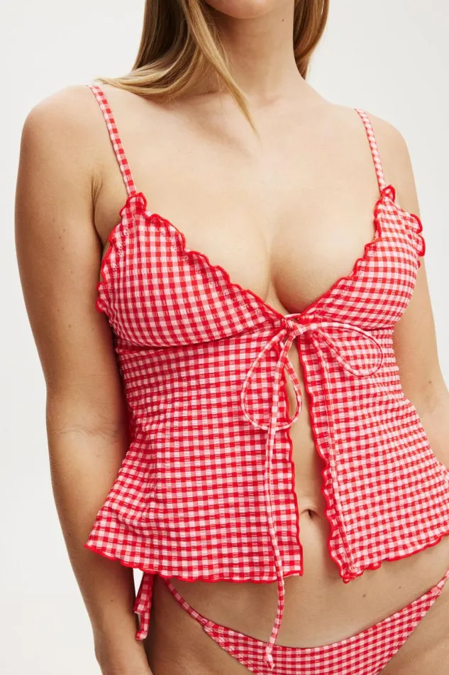 Cotton On Bikinis Bow Front Tankini Top Pinkred Gingham 8211 Women