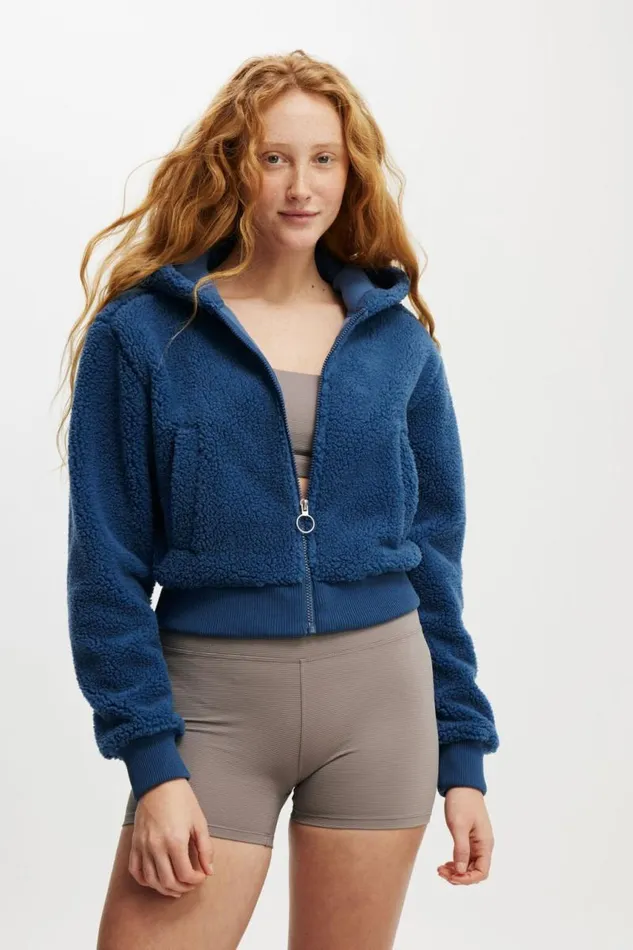Cotton On Jackets Hooded Sherpa Zip Through Jacket Deep Blue 8211 Women