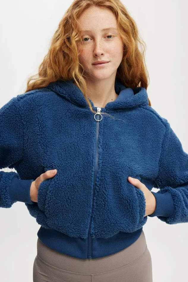 Cotton On Jackets Hooded Sherpa Zip Through Jacket Deep Blue 8211 Women