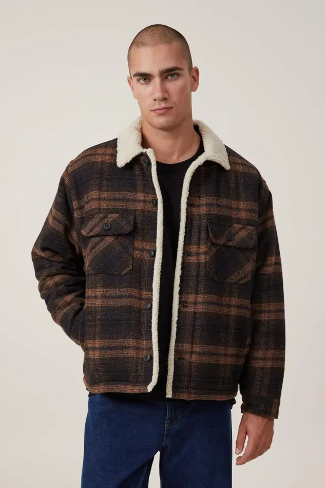 Cotton On Jackets Teddy Lined Trucker Coffee Check 8211 Men