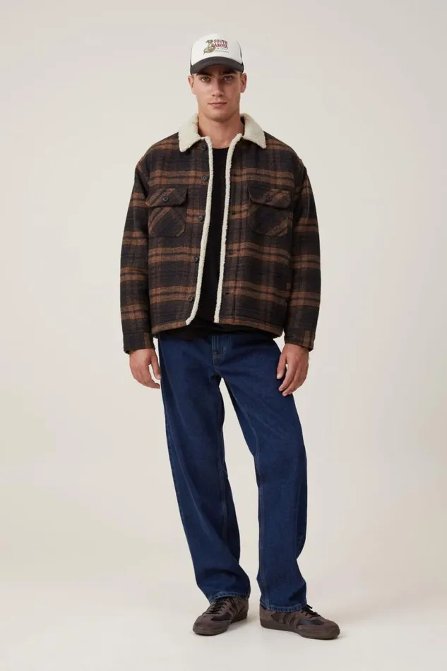 Cotton On Jackets Teddy Lined Trucker Coffee Check 8211 Men