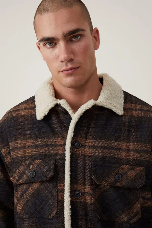 Cotton On Jackets Teddy Lined Trucker Coffee Check 8211 Men