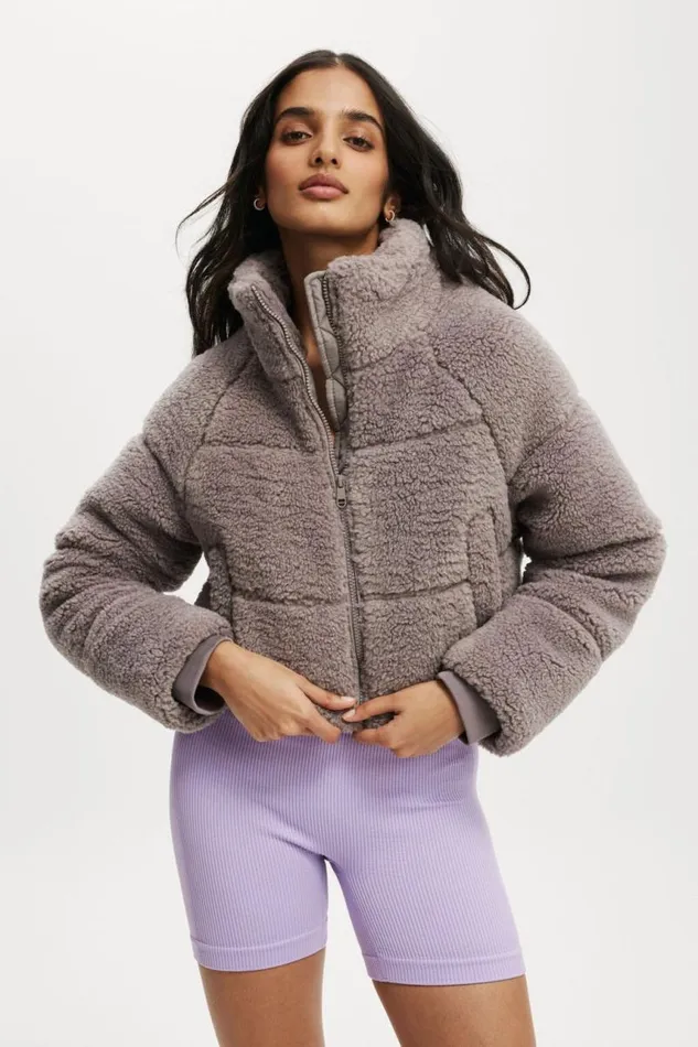 Cotton On Jackets The Mother Puffer Cropped Sherpa Jacket Desert Grey 8211 Women