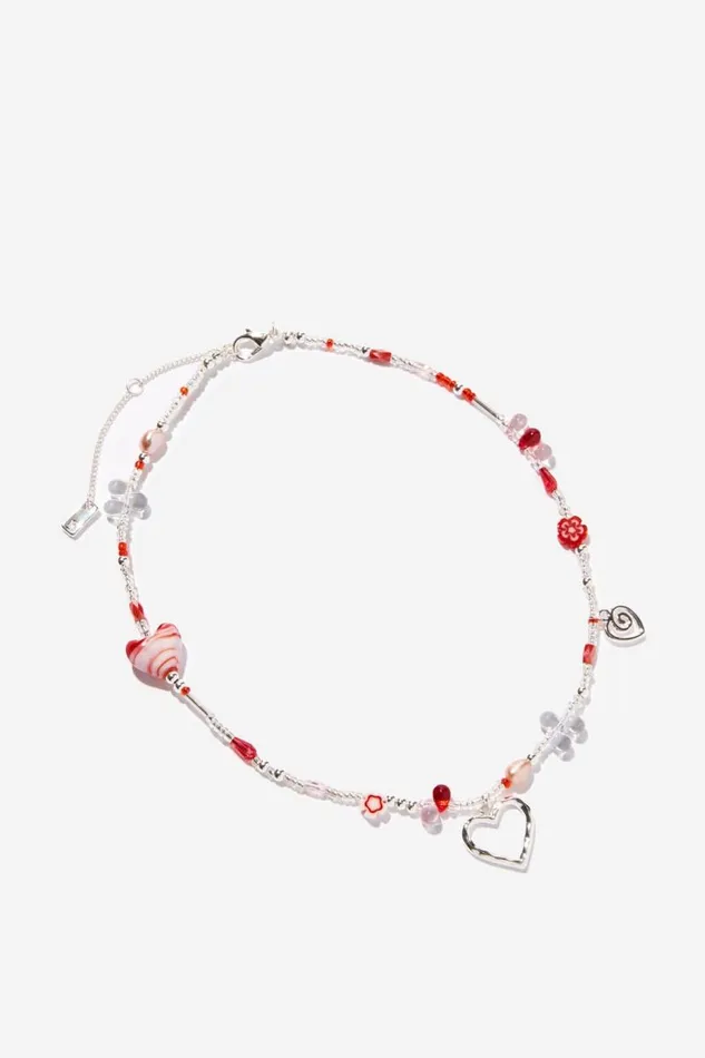 Cotton On Jewelry Beaded Necklace Silver Plated Glass Eclectic Red 8211 Women