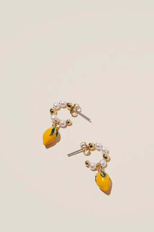 Cotton On Jewelry Small Hoop Earring Gold Plated Enamel Lemon Pearl 8211 Women