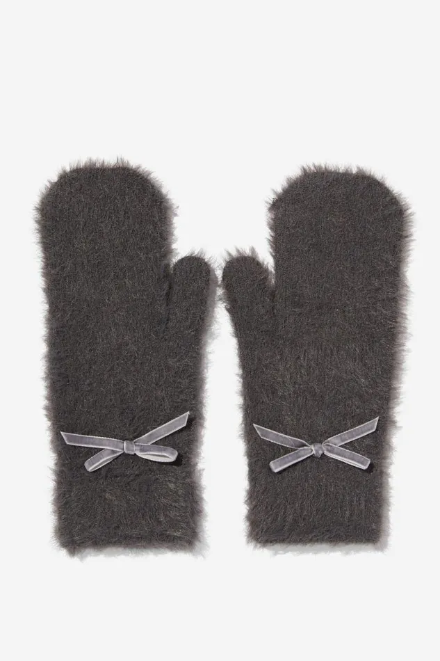 Cotton On ScarvesBeaniesandHats Fluffy Yarn Mittens Charcoal 8211 Women
