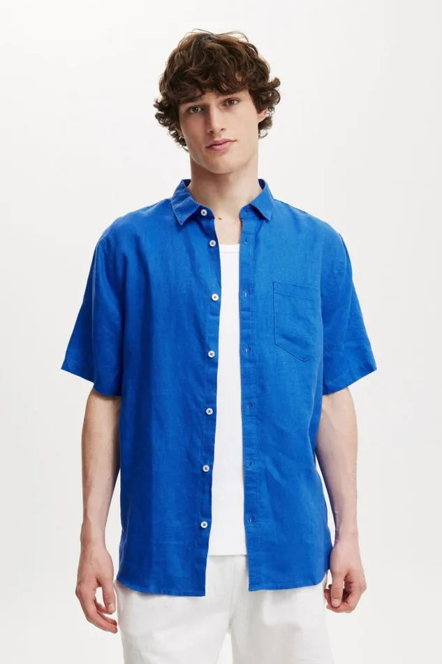 Cotton On Shirts and Polos Linen Short Sleeve Shirt Cobalt 8211 Men