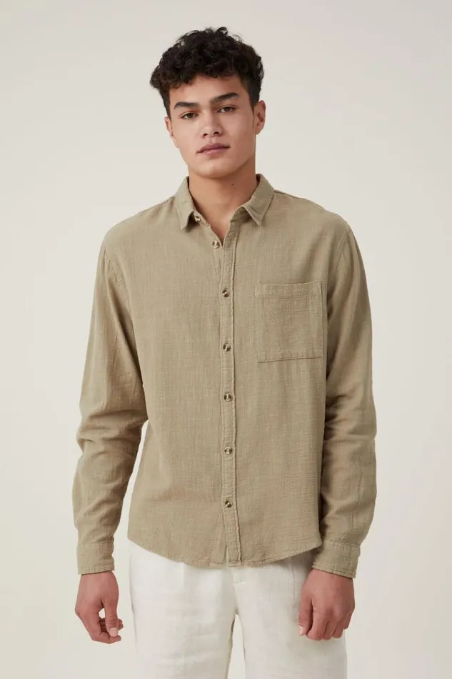 Cotton On Shirts and Polos Portland Long Sleeve Shirt Moss Cheesecloth 8211 Men