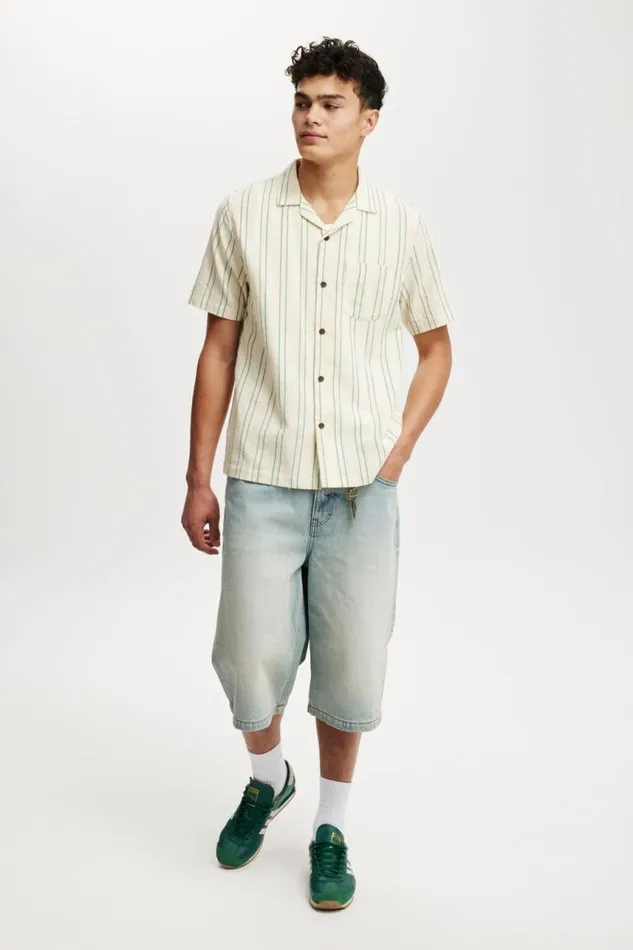 Cotton On Shirts and Polos Riviera Short Sleeve Shirt Cream Green Stripe 8211 Men