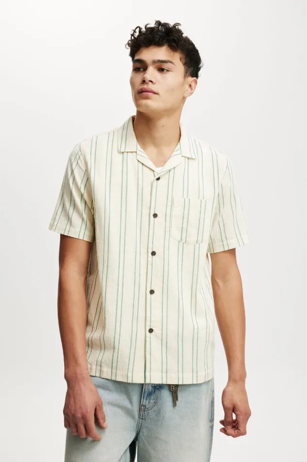Cotton On Shirts and Polos Riviera Short Sleeve Shirt Cream Green Stripe 8211 Men Cotton On Shirts and Polos Riviera Short Sleeve Shirt Cream Green Stripe 8211 Men