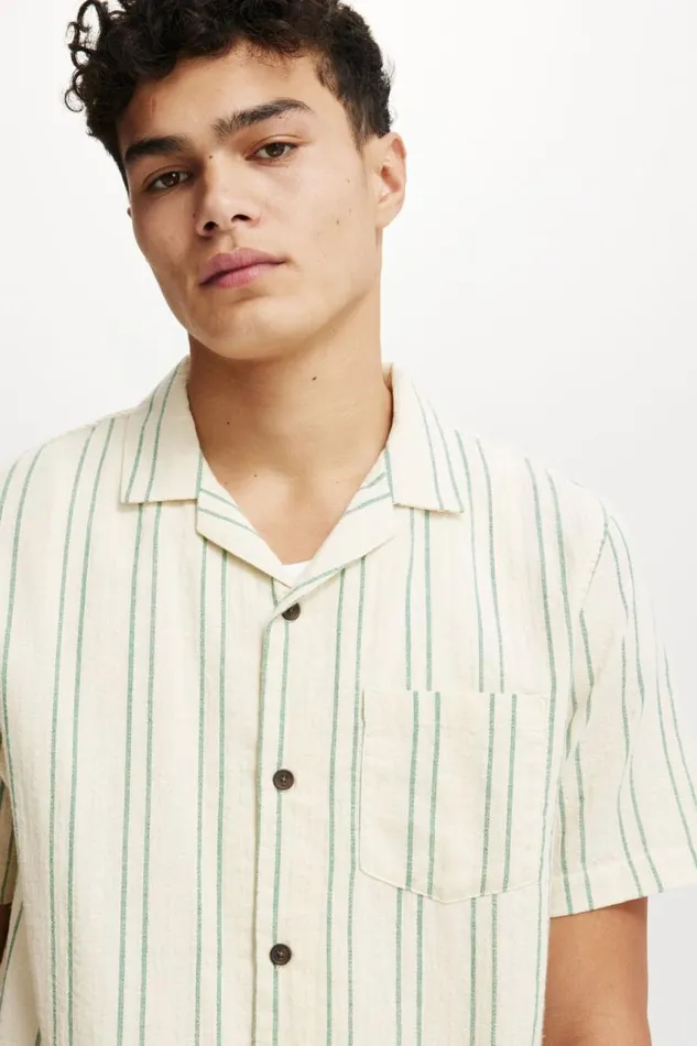 Cotton On Shirts and Polos Riviera Short Sleeve Shirt Cream Green Stripe 8211 Men Cotton On Shirts and Polos Riviera Short Sleeve Shirt Cream Green Stripe 8211 Men