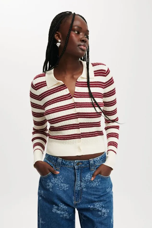 Cotton On SweatersandCardigans Preppy Button Through Polo Crimson Stripe 8211 Women