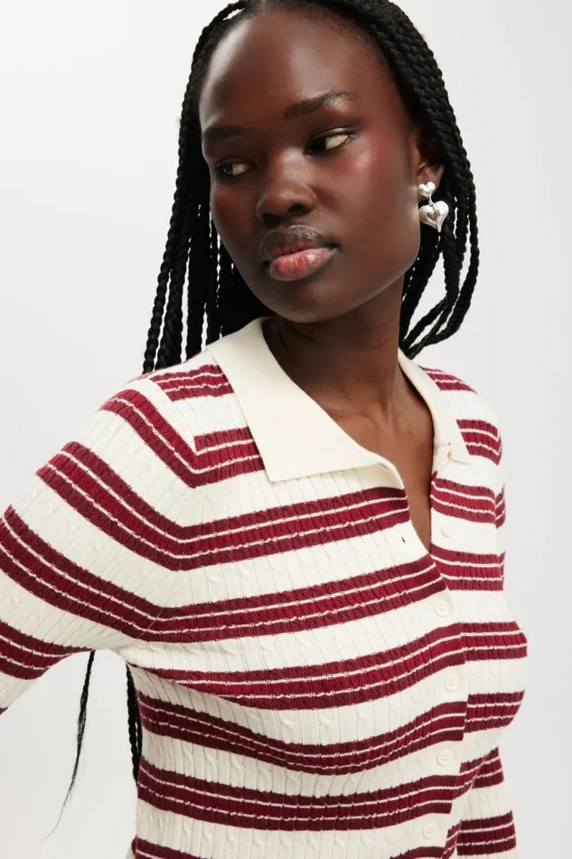 Cotton On SweatersandCardigans Preppy Button Through Polo Crimson Stripe 8211 Women Cotton On SweatersandCardigans Preppy Button Through Polo Crimson Stripe 8211 Women