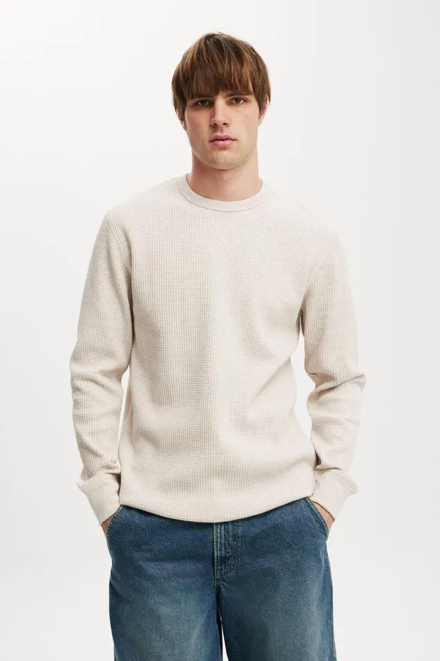 Cotton On Sweaters Chunky Waffle Long Sleeve Tshirt Oatmeal Marle 8211 Men