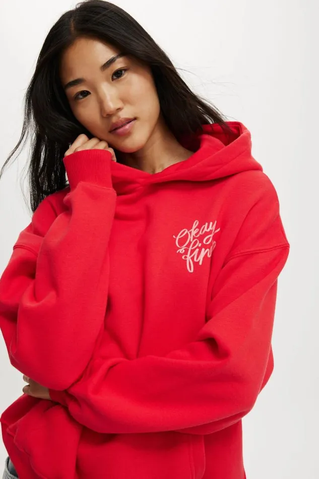 Cotton On SweatsandHoodies Classic Fleece Graphic Hoodie Okay Finescarlet Red 8211 Women Cotton On SweatsandHoodies Classic Fleece Graphic Hoodie Okay Finescarlet Red 8211 Women