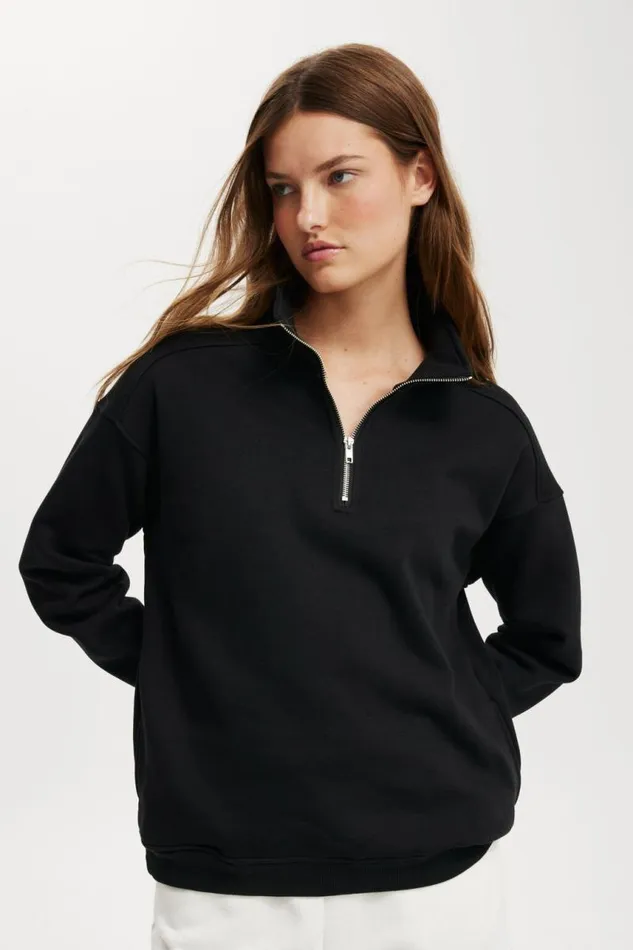 Cotton On SweatsandHoodies Classic Fleece Oversized Half Zip Sweatshirt Black 8211 Women